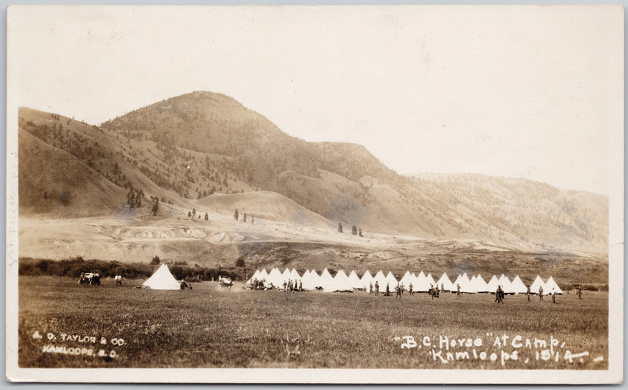 Kamloops BC Military Camp 'BC Horse at Camp' Military Canada 1914 WW1 era Taylor RPPC Postcard 