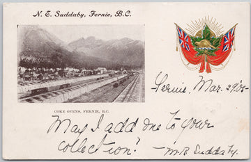 Fernie BC Coke Ovens N.E. Suddaby Advertising Patriotic Canada 1905 Berlin ONT Cancel Postcard SP19