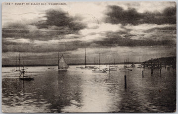 Elliot Bay Washington Seattle WA Sunset Boats Postcard 