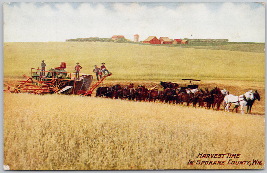 Spokane WA Harvest Time Farming Agriculture Scene Horses Machinery Postcard 