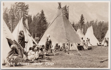 Byron Harmon 529 Artist Stoney Indian Camp Nakoda People INdigenous Men Women Teepees Canada RPPC Postcard 