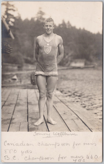 Victoria BC Tommy Wellburn Champion Swimmer TRIO Postcard 