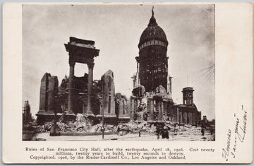 San Francisco CA City Hall Ruins after 1906 Earthquake Postcard 