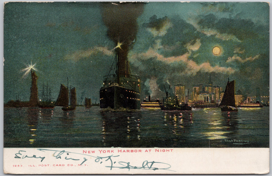 New York Harbor at Night Ships Boats Steamship NY 1906 Fred Pansing Signed Postcard 