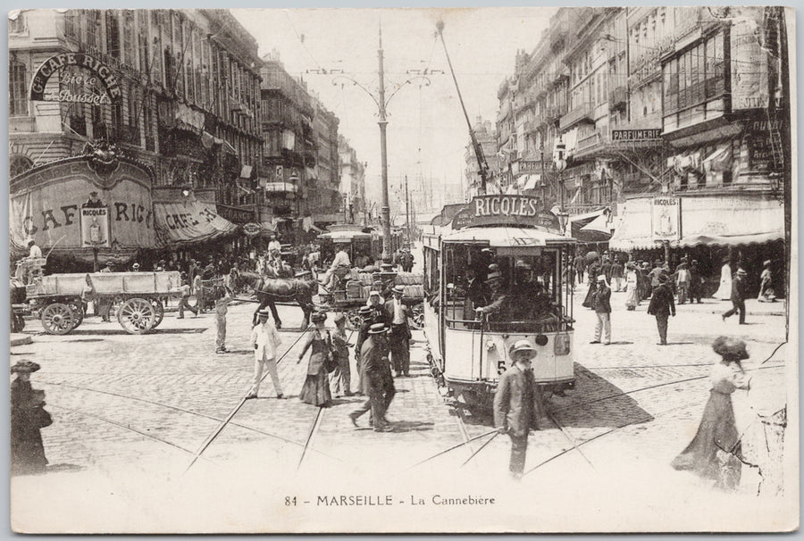 Marseille France La Cannebiere Streetcar Tram Ricoles Cafe Riche Postcard 