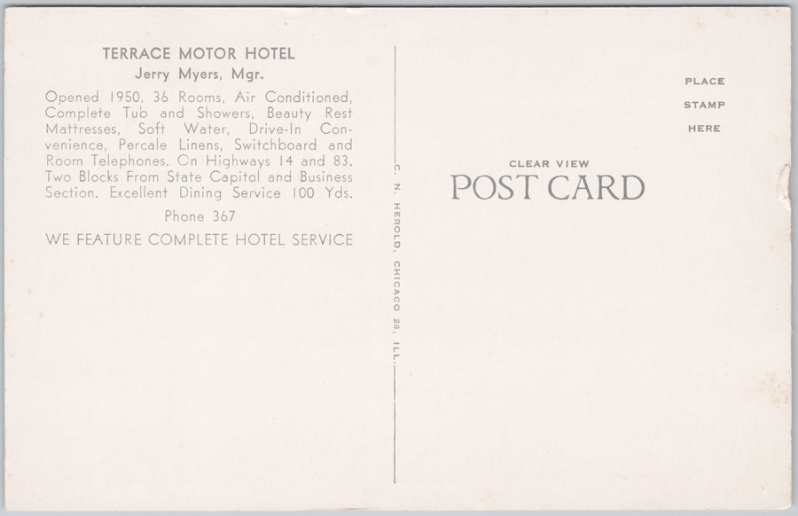 Pierre SD Terrace Motor Hotel South Dakota Postcard SP19