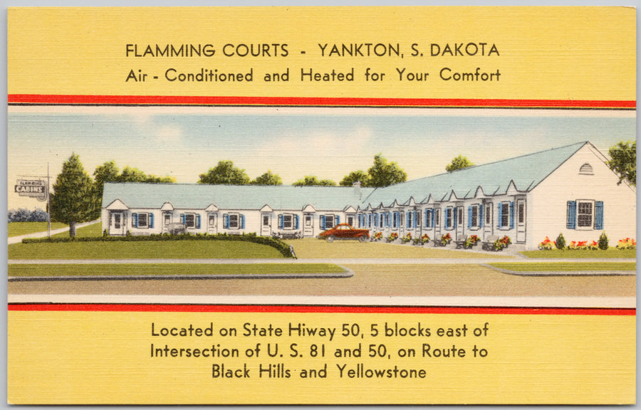 Yankton South Dakota Flamming Courts SD Yellow Linen Postcard