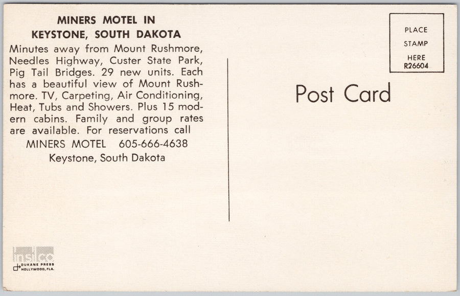 Keystone SD Miners Motel Mt Rushmore Greetings South Dakota Postcard SP19