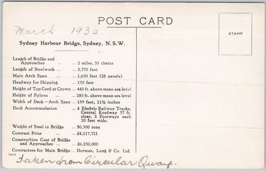 Sydney Harbour Bridge Australia Steamship (Bridge specifications on back)1932 RPPC Postcard SP19