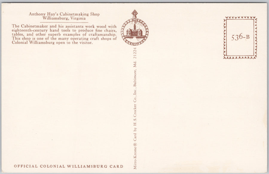 Williamsburg Virginia Anthony Hay's Cabinetmaking Shop Postcard SP19