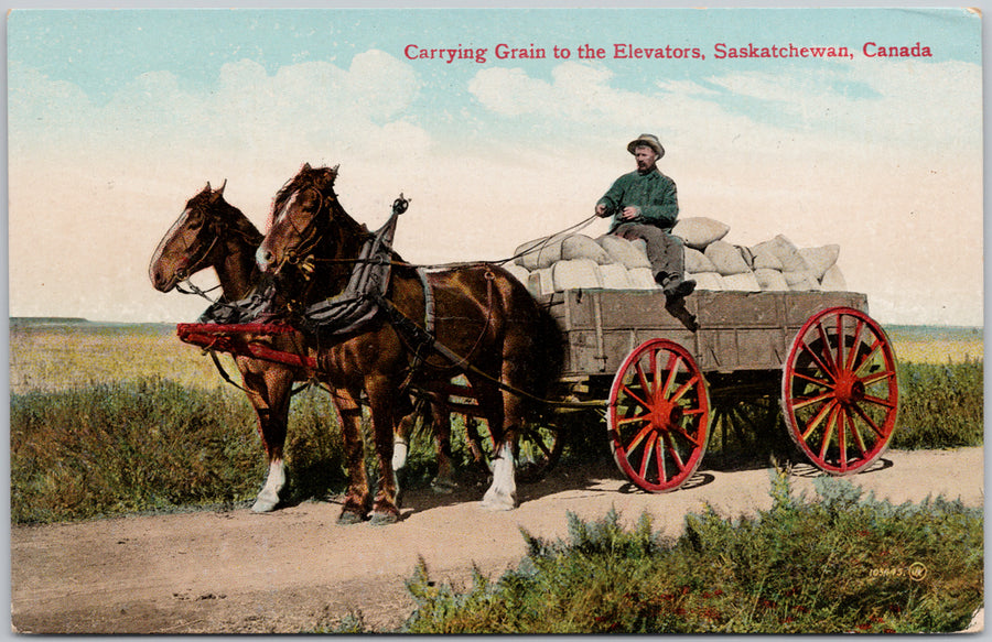 Saskatchewan Canada Carrying Grain to Elevators Horse Wagon Postcard SP19