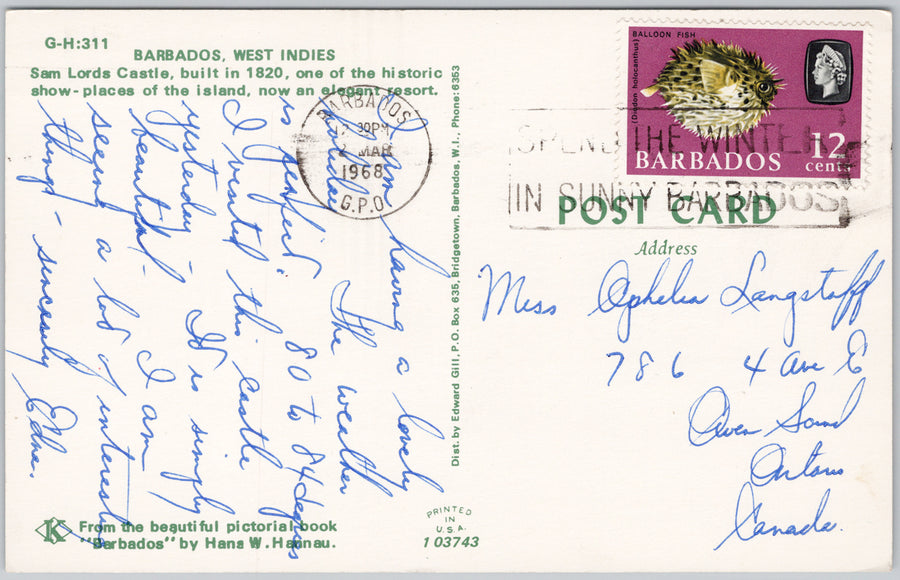 Sam Lords Castle Barbados West Indies 12 Cent Balloon Fish Stamp Postcard SP19