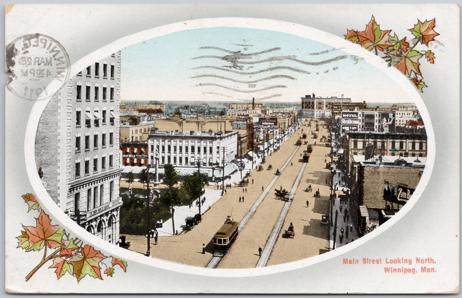 Winnipeg Manitoba Main Street looking North Maple Leaf Patriotic MB Canada 1911 Postcard