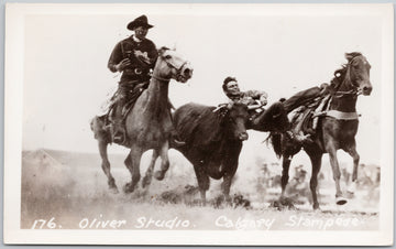 Calgary Alberta Steer Wrestling Calgary Stampede Oliver Studio RPPC Postcard