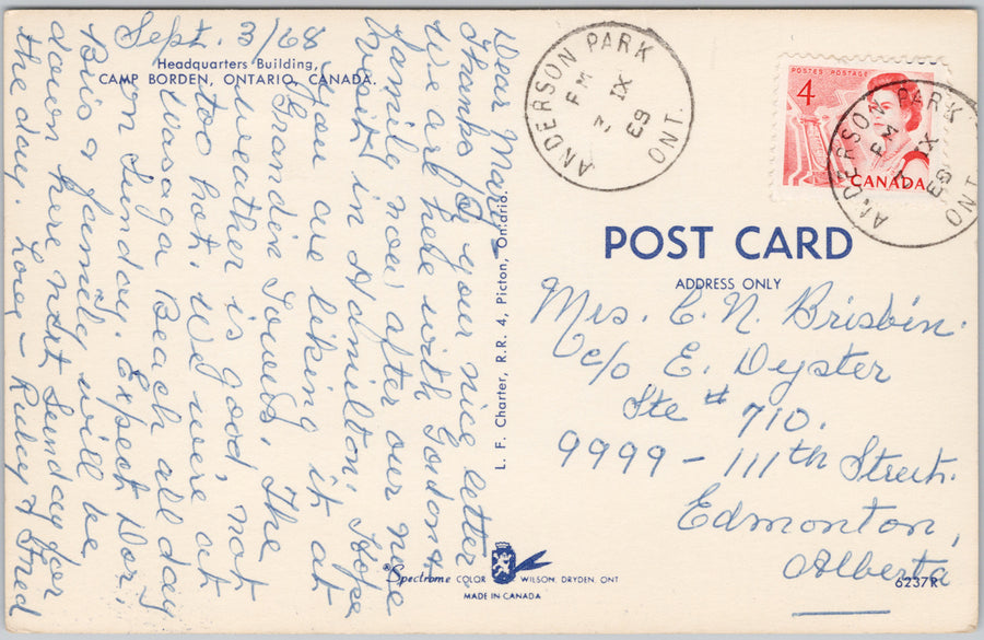 Headquarters Camp Borden Ontario ON Canada 1968 Anderson Park ONT Cancel Postcard SP19