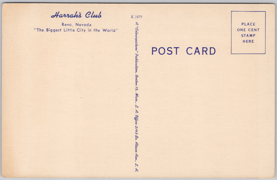 Reno NV Harrah's Club Nevada Unused Linen Postcard SP20