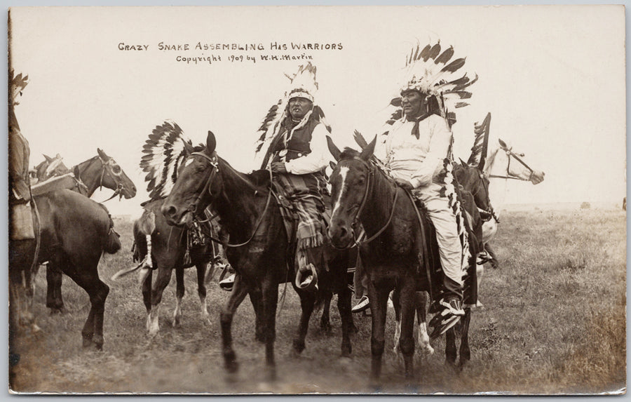 Native American Indians 'Crazy Snake' Assembling Warriors Oklahoma 1909 Martin RPPC Postcard 