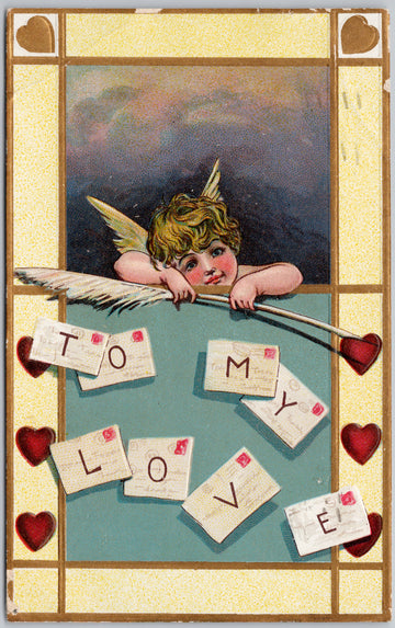 To My Love Cupid Hearts Angel Wings Embossed Postcard 