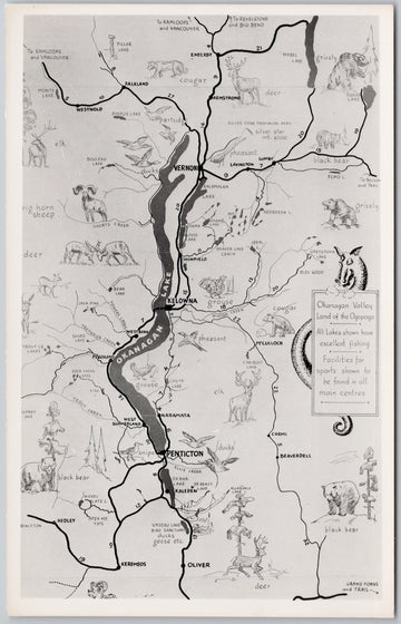 Okanagan Valley Land of the Ogopogo BC Map Animals Postcard 