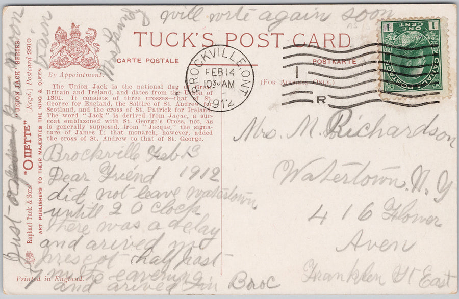 Union Jack Flag British Patriotic 1912 Tuck Brockville ONT Cancel Postcard SP20