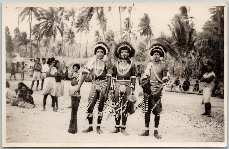 New Guinea ?? Three Men Boys Ceremonial Dress Lee Fletcher RPPC Postcard 
