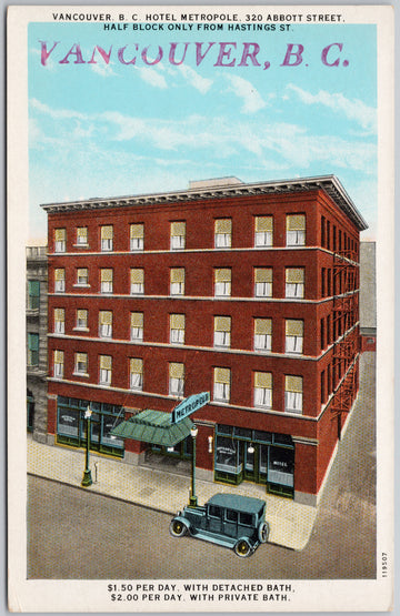 Hotel Metropole Vancouver BC British Columbia Abbott Street Advertising Postcard 