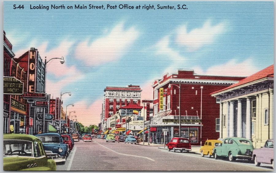 Main Street Sumter South Carolina SC USA Kress Sign Linen Postcard SP20