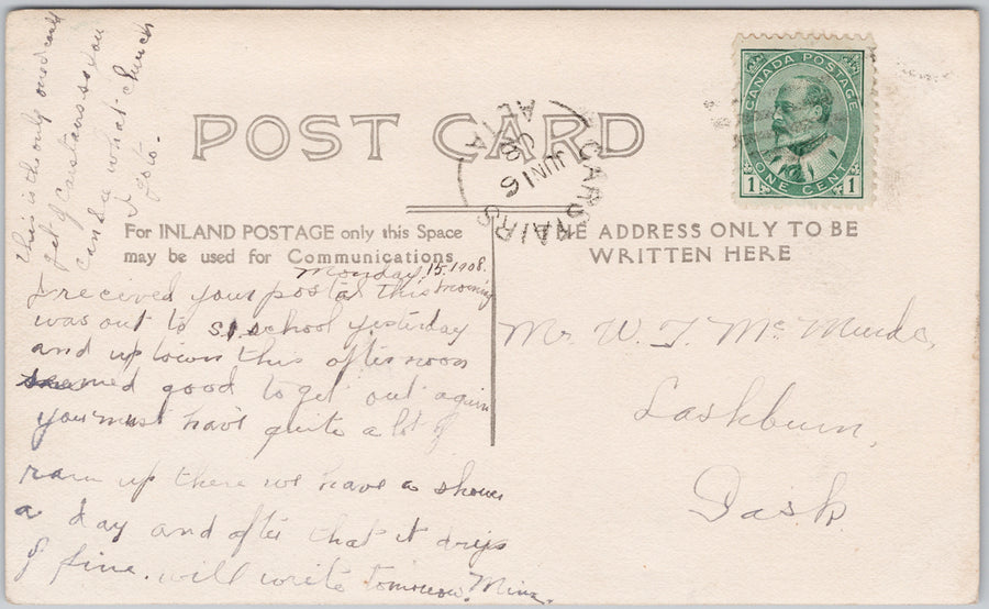 Carstairs Alberta Presbyterian Church Churches Canada 1908 Carstairs Split Ring Cancel RPPC Postcard SP21