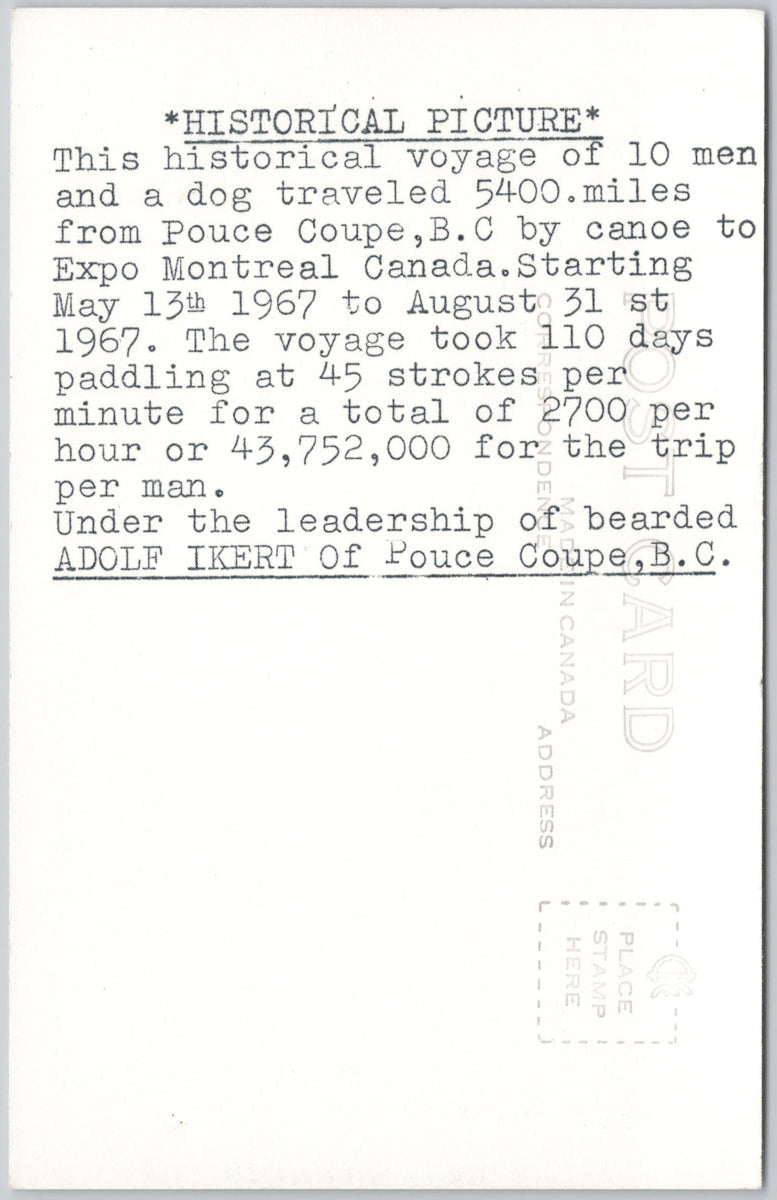 Pouce Coupe BC Mackenzie Voyageurs to Montreal Expo Canoe 1967 RPPC Postcard SP21