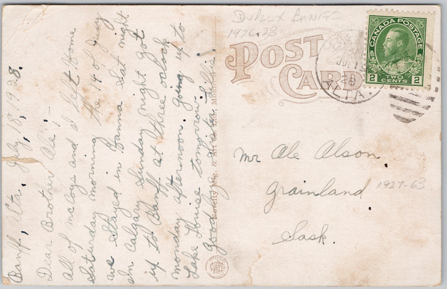 Banff Alberta Banff Springs Hotel Canada 1928 Banff Duplex Cancel Postcard SP21 *as is