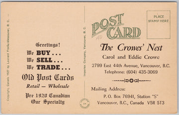 The Crowes Nest Carol and Eddie Crowe Postcard Dealers Vancouver BC Lake O'Hara BC Leonard Frank Postcard SP21