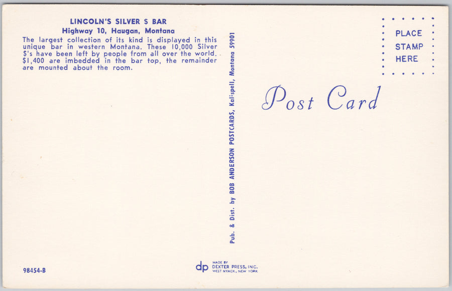 Haugan Montana Lincoln's Silver Dollar Bar MT Montana USA Unused Postcard SP21