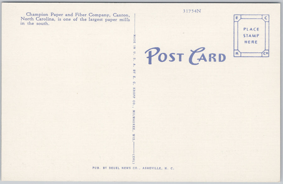 Canton NC Champion Paper and Fiber Company Mill North Carolina USA Postcard SP21