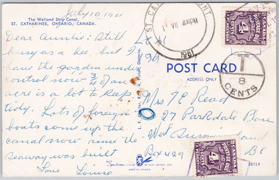 Welland Ship Canal St Catharines Ontario T 8 Cents Postage Due Postcard SP21