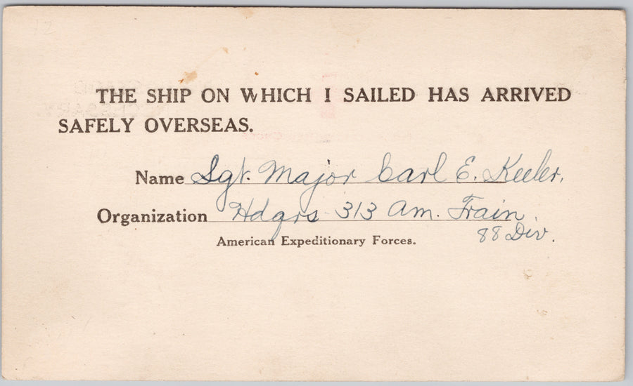 Soldiers Mail Ship Arrived Safely Sgt Keeler to Keremeos BC WW1 AEF Postcard SP21