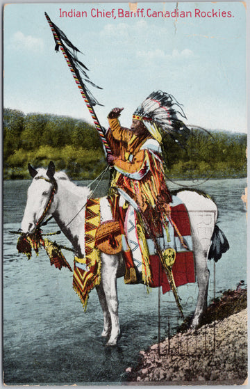 Banff Alberta Indian Chief on White Horse (Chief Duck ??) Canada 1938 Postcard SP21 *as is