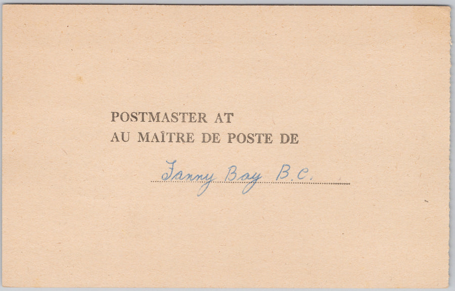 Fanny Bay BC Shortpaid Mail Notice Canada 1959 Postcard SP21