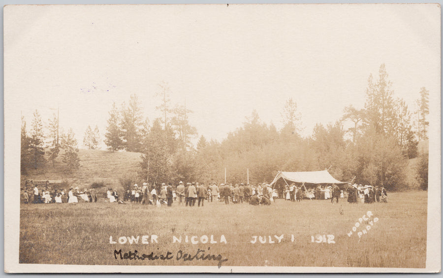 Lower Nicola July 1, 1912 Merritt area BC Methodist Outing Bank of Montreal Merritt Postal Mark Hooper RPPC Postcard