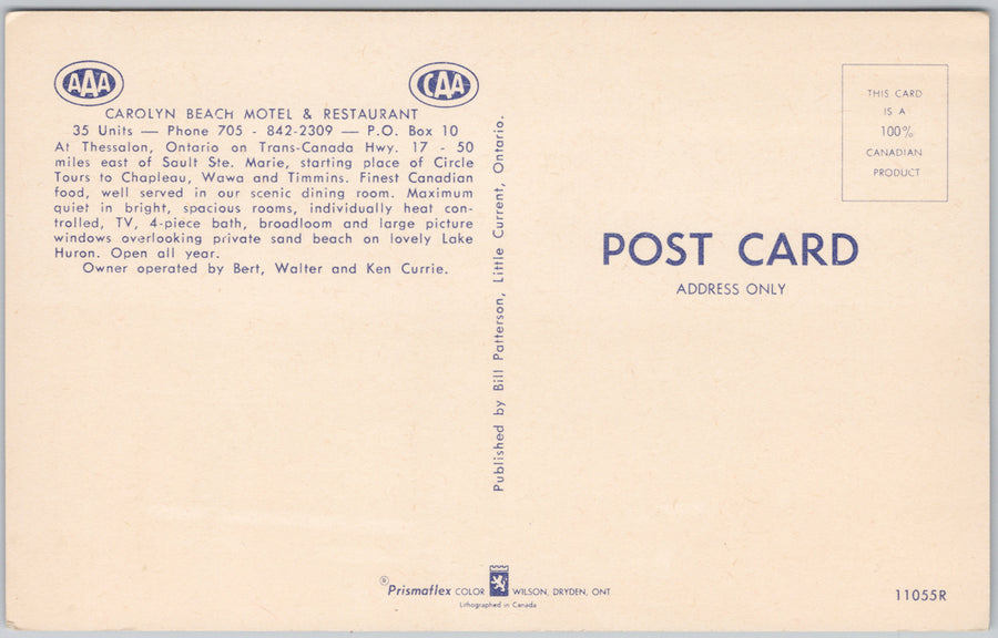 Thessalon Ontario Carolyn Beach Motel & Restaurant Postcard SP21