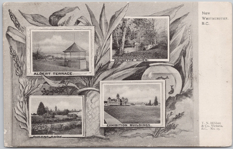 New Westminster BC Multiview Queens Park Exhibition Bldgs Albert Terrace Brunette River No. 25 Hibben 1905 Ladysmith Split Ring Cancel Postcard 