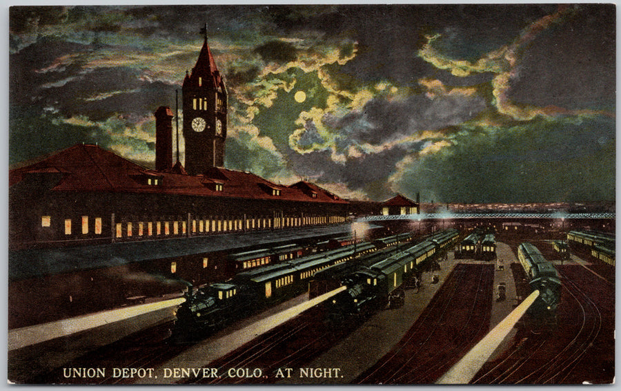 Union Depot Denver Colorado at Night Postcard 