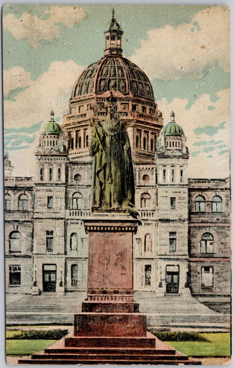 Queen Victoria Statue Victoria BC British Columbia Parliament Bldgs Textured Postcard 