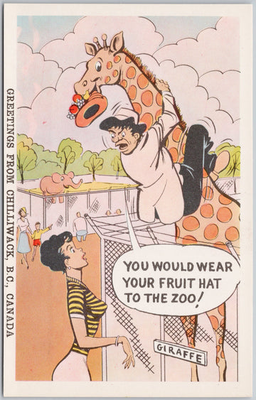Greetings from Chilliwack BC Comic Giraffe Man Woman Fruit Hat Humour PECO Postcard 