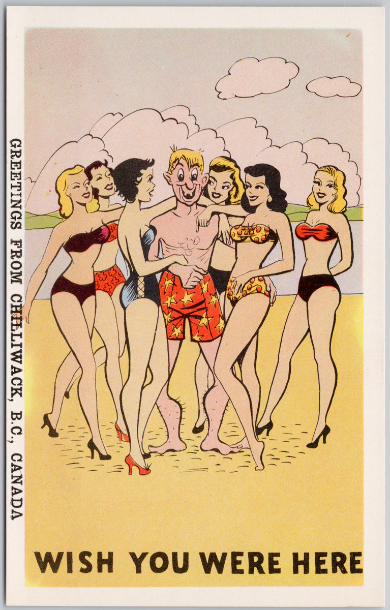 Greetings from Chilliwack BC Comic Man Women Bikinis Beach Humour PECO Postcard