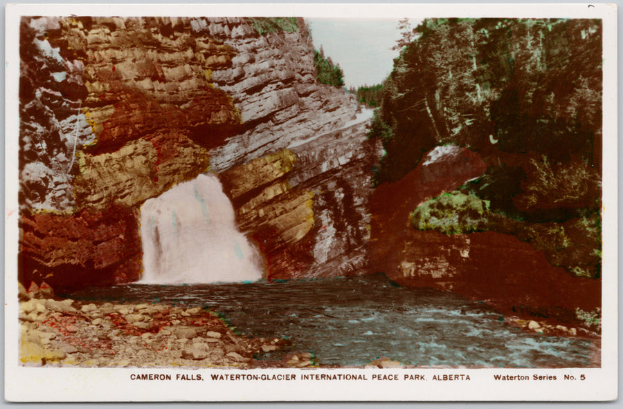 Cameron Falls Waterton Glacier International Peace Park Alberta Camera Products RPPC Postcard 