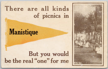Manistique Michigan Yellow Pennant Greeting Picnic MI Unused Postcard