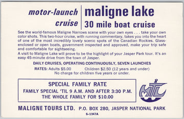 Maligne Tours Ltd Advertising Maligne Lake Jasper Alberta MTL Postcard