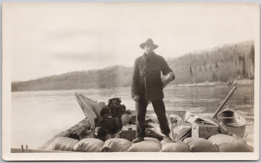Fort McMurray Alberta Man Woman Dog in Barge Boat Postcard 