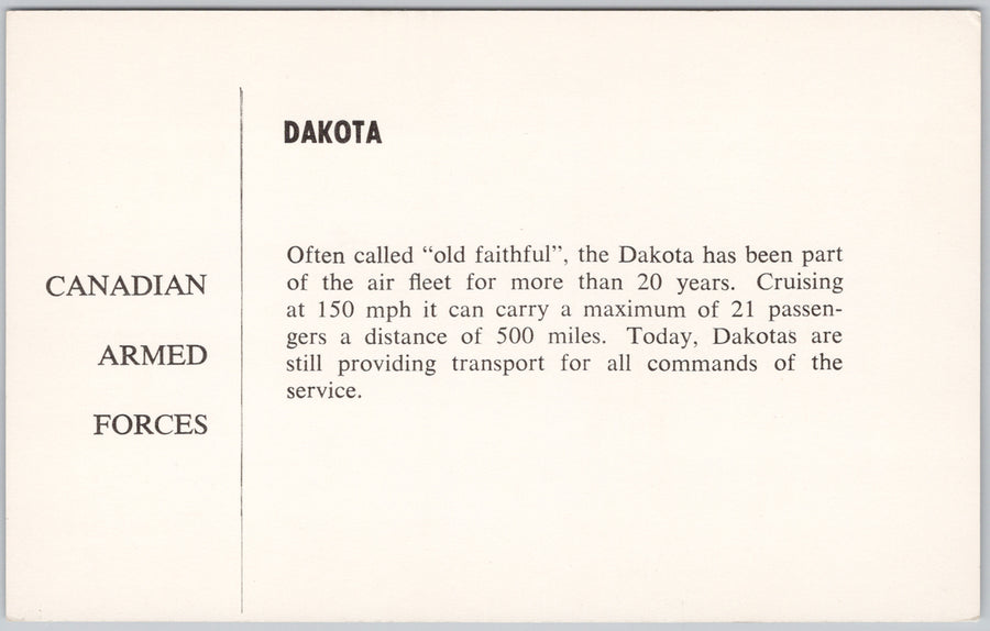 Canadian Armed Forces Old Faithful Dakota Airplane Training Command Plane Postcard SP21