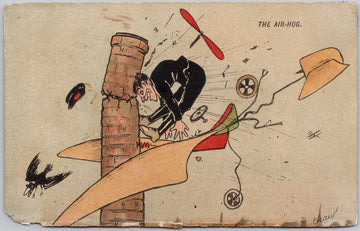 The Air-Hog Aviator Crashing Chimney Black Bird Airplane Aviation Comic Postcard 
